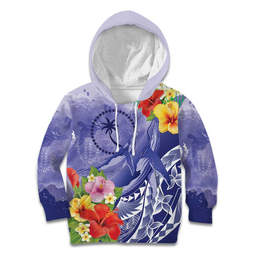 Personalised Chuuk States Humpback Whale Kid Hoodie Polynesian Tropical Flowers