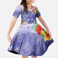 Personalised Chuuk States Humpback Whale Kid Short Sleeve Dress Polynesian Tropical Flowers