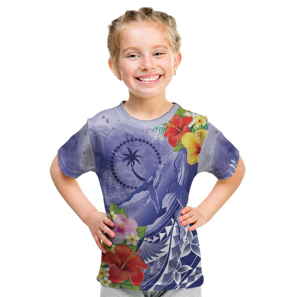 Personalised Chuuk States Humpback Whale Kid T Shirt Polynesian Tropical Flowers