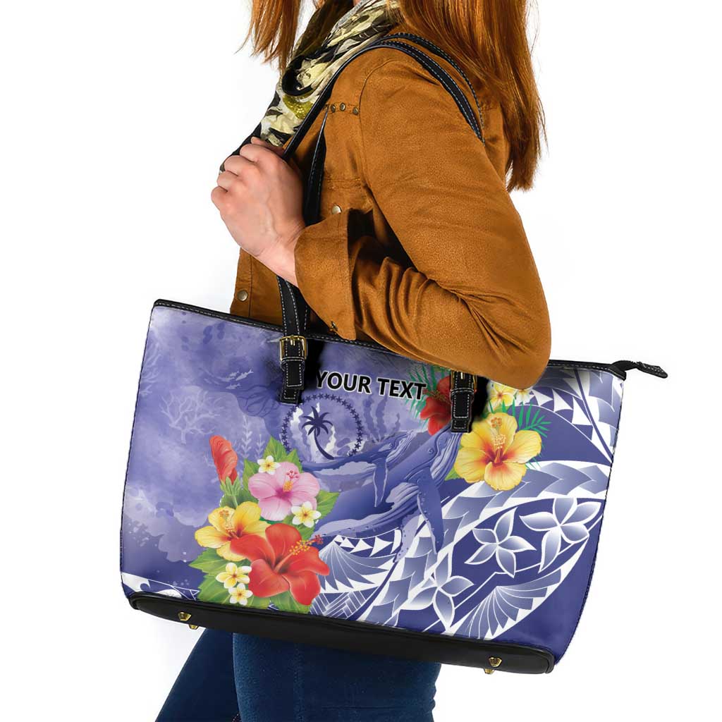 Personalised Chuuk States Humpback Whale Leather Tote Bag Polynesian Tropical Flowers