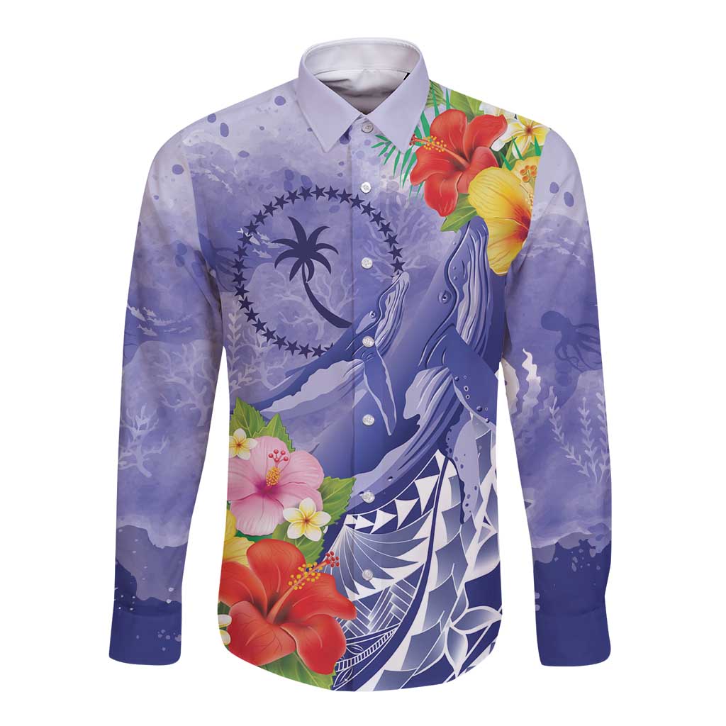 Personalised Chuuk States Humpback Whale Long Sleeve Button Shirt Polynesian Tropical Flowers