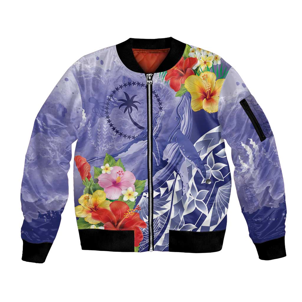 Personalised Chuuk States Humpback Whale Sleeve Zip Bomber Jacket Polynesian Tropical Flowers