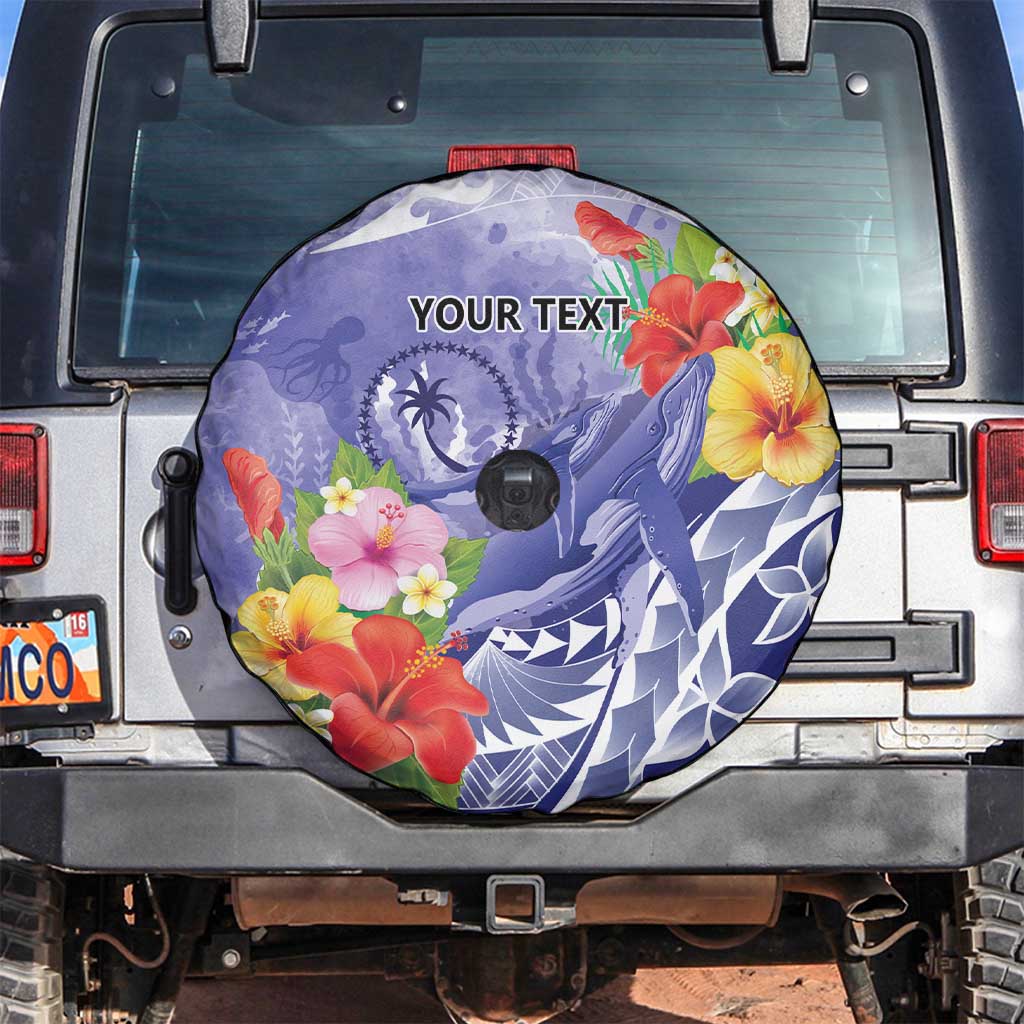 Personalised Chuuk States Humpback Whale Spare Tire Cover Polynesian Tropical Flowers