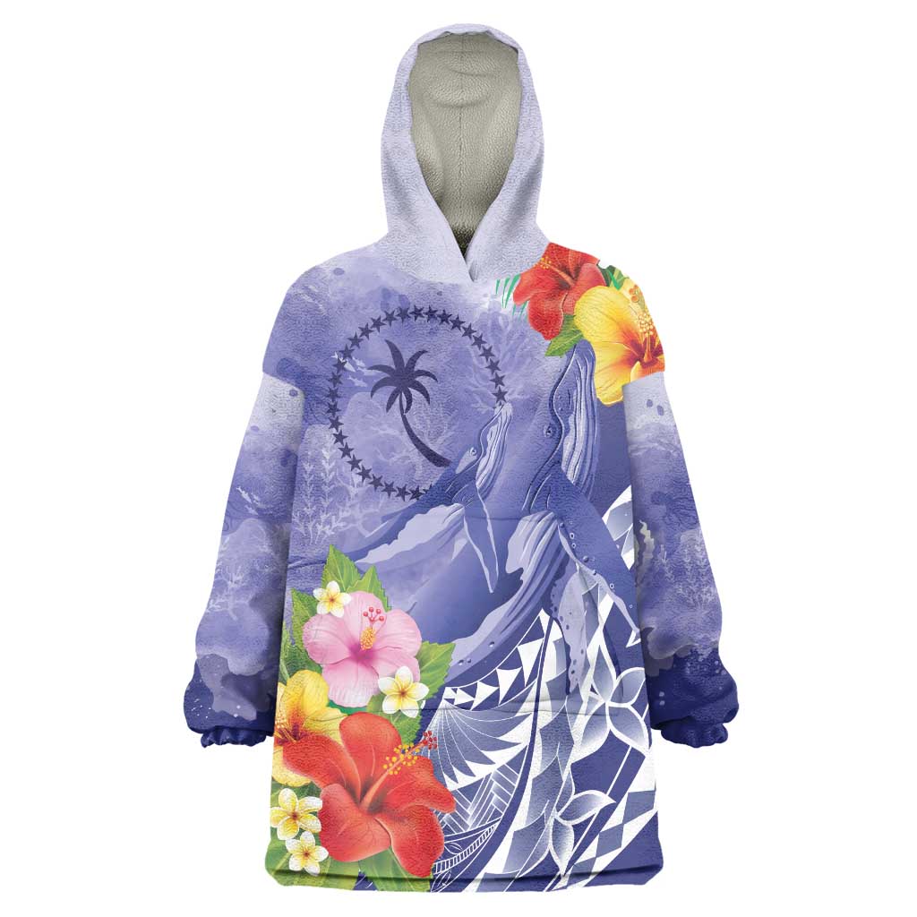 Personalised Chuuk States Humpback Whale Wearable Blanket Hoodie Polynesian Tropical Flowers