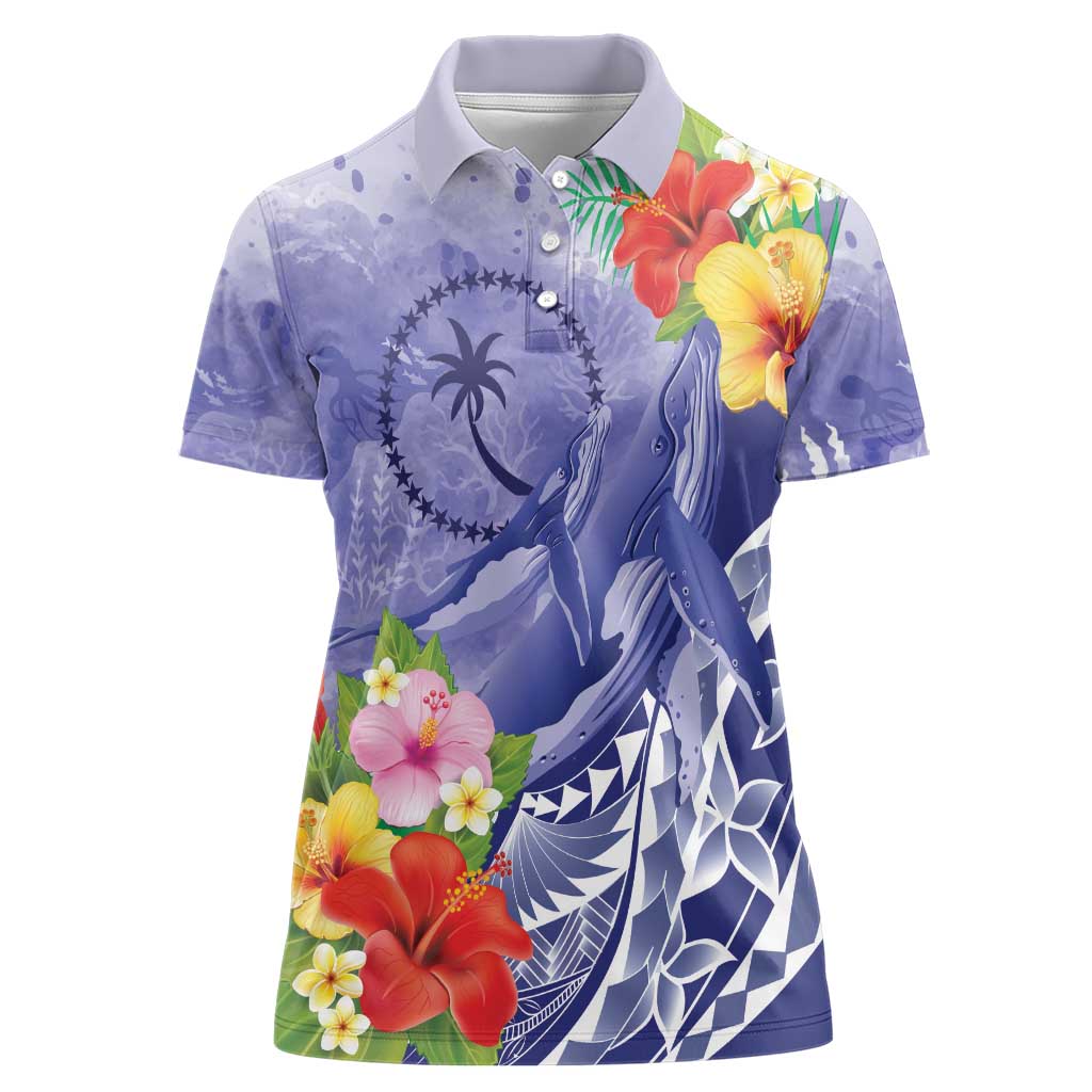 Personalised Chuuk States Humpback Whale Women Polo Shirt Polynesian Tropical Flowers LT9 Female Blue - Polynesian Pride
