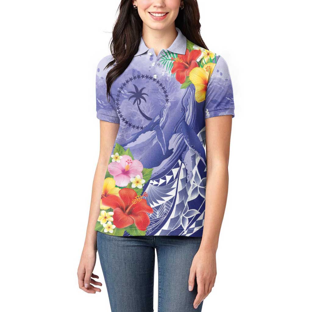 Personalised Chuuk States Humpback Whale Women Polo Shirt Polynesian Tropical Flowers LT9 - Polynesian Pride