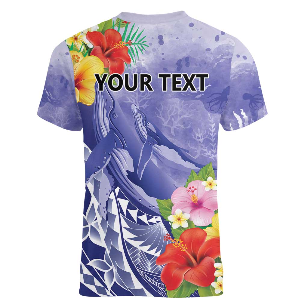 Personalised Chuuk States Humpback Whale Women V-Neck T-Shirt Polynesian Tropical Flowers