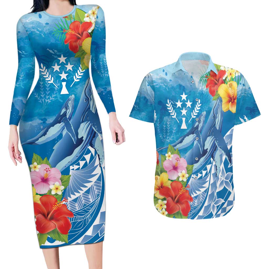 Personalised Kosrae States Humpback Whale Couples Matching Long Sleeve Bodycon Dress and Hawaiian Shirt Polynesian Tropical Flowers