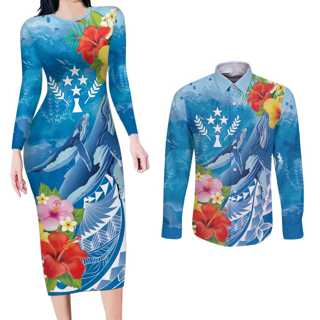 Personalised Kosrae States Humpback Whale Couples Matching Long Sleeve Bodycon Dress and Long Sleeve Button Shirt Polynesian Tropical Flowers