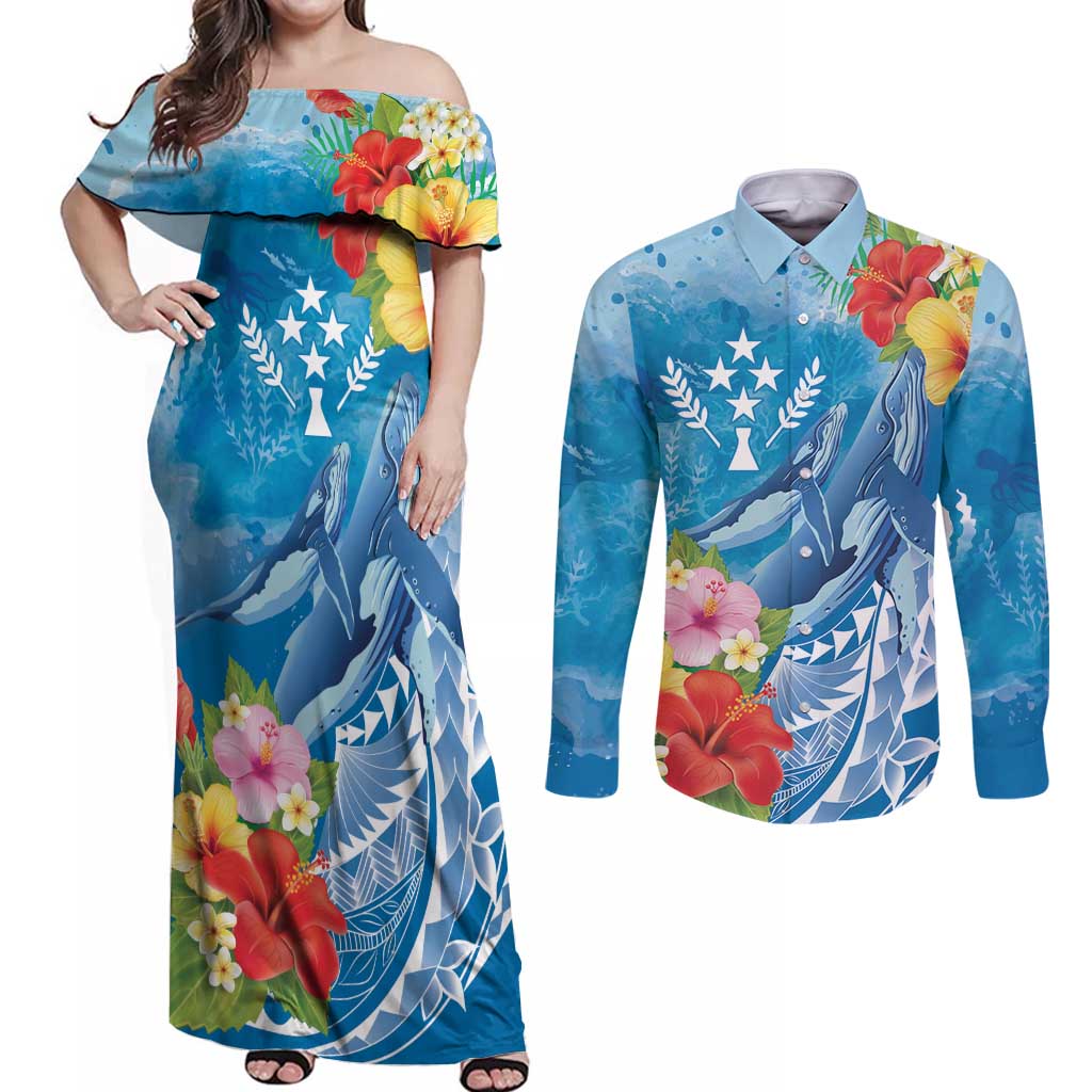 Personalised Kosrae States Humpback Whale Couples Matching Off Shoulder Maxi Dress and Long Sleeve Button Shirt Polynesian Tropical Flowers