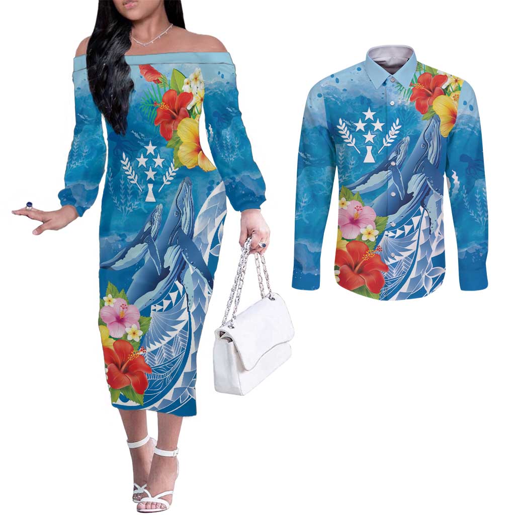 Personalised Kosrae States Humpback Whale Couples Matching Off The Shoulder Long Sleeve Dress and Long Sleeve Button Shirt Polynesian Tropical Flowers