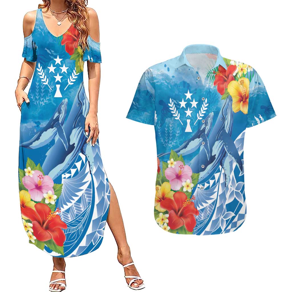 Personalised Kosrae States Humpback Whale Couples Matching Summer Maxi Dress and Hawaiian Shirt Polynesian Tropical Flowers