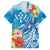 Personalised Kosrae States Humpback Whale Family Matching Off The Shoulder Long Sleeve Dress and Hawaiian Shirt Polynesian Tropical Flowers