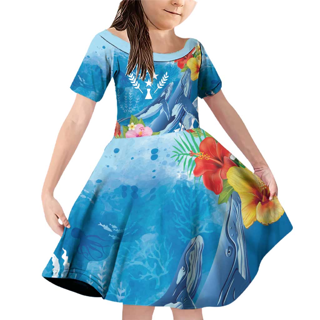 Personalised Kosrae States Humpback Whale Family Matching Off Shoulder Short Dress and Hawaiian Shirt Polynesian Tropical Flowers