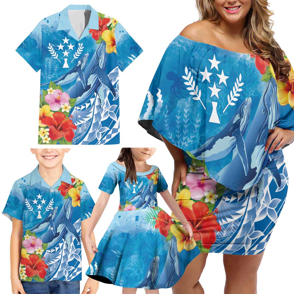 Personalised Kosrae States Humpback Whale Family Matching Off Shoulder Short Dress and Hawaiian Shirt Polynesian Tropical Flowers