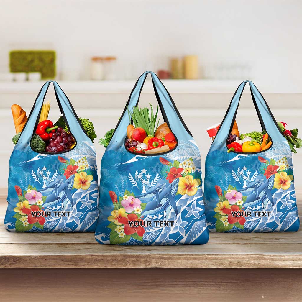 Personalised Kosrae States Humpback Whale Grocery Bag Polynesian Tropical Flowers