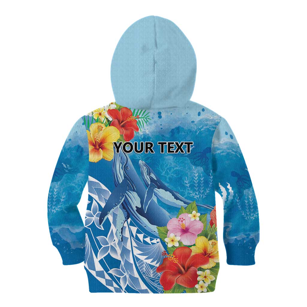 Personalised Kosrae States Humpback Whale Kid Hoodie Polynesian Tropical Flowers