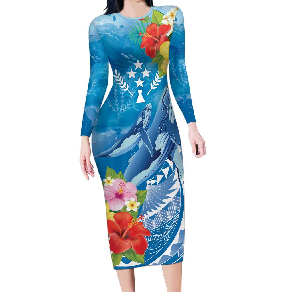 Personalised Kosrae States Humpback Whale Long Sleeve Bodycon Dress Polynesian Tropical Flowers