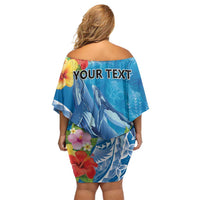 Personalised Kosrae States Humpback Whale Off Shoulder Short Dress Polynesian Tropical Flowers