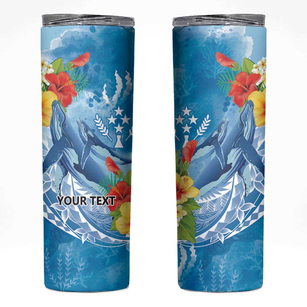 Personalised Kosrae States Humpback Whale Skinny Tumbler Polynesian Tropical Flowers LT9 Blue - Polynesian Pride