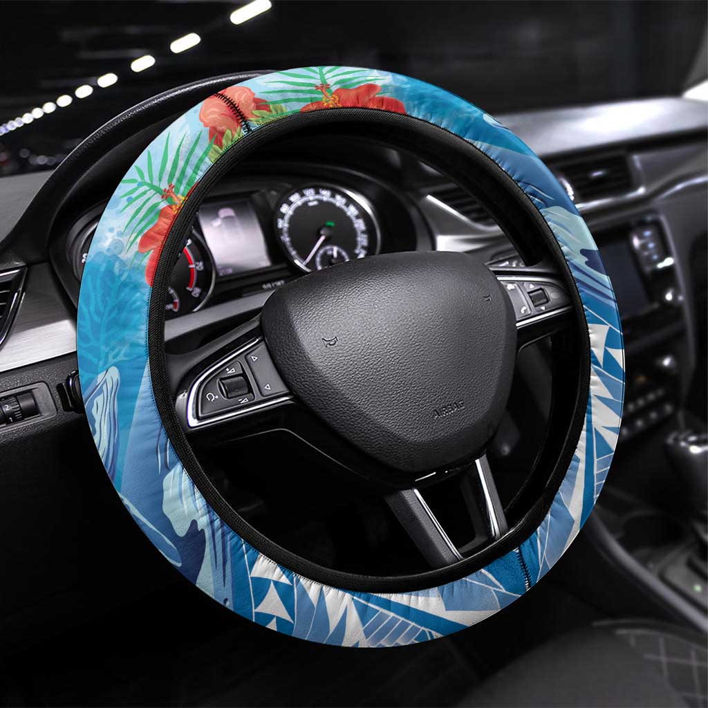 Kosrae States Humpback Whale Steering Wheel Cover Polynesian Tropical Flowers