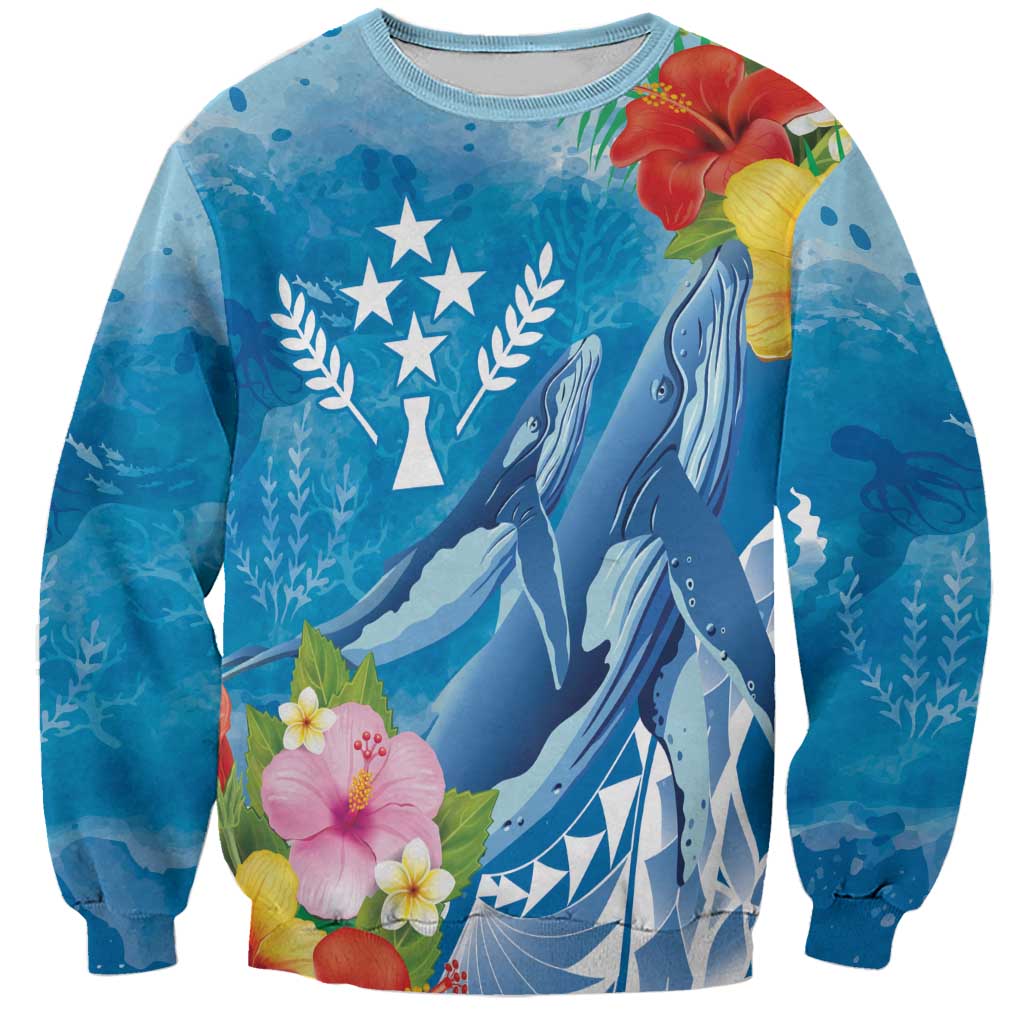 Personalised Kosrae States Humpback Whale Sweatshirt Polynesian Tropical Flowers