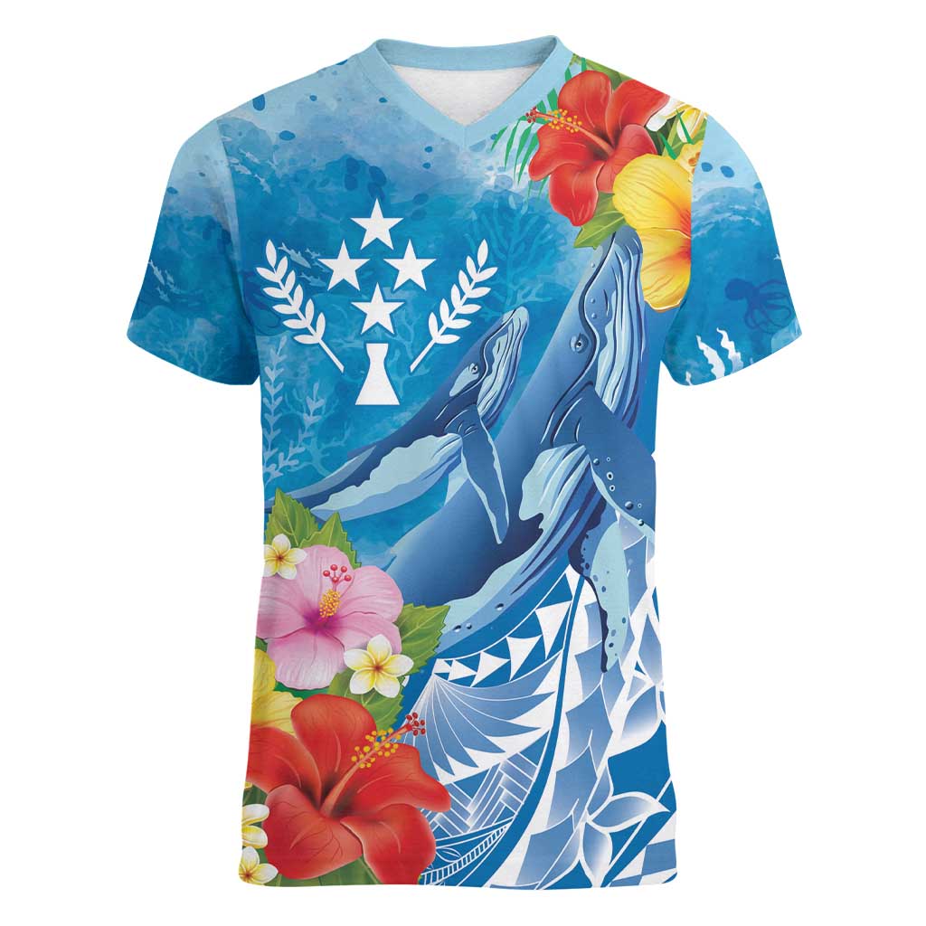 Personalised Kosrae States Humpback Whale Women V-Neck T-Shirt Polynesian Tropical Flowers