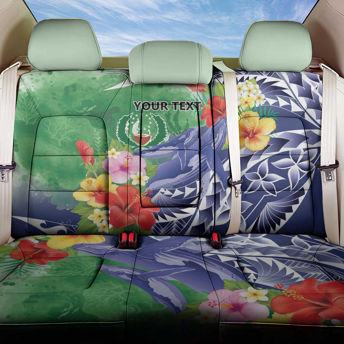 Personalised Pohnpei States Humpback Whale Back Car Seat Cover Polynesian Tropical Flowers