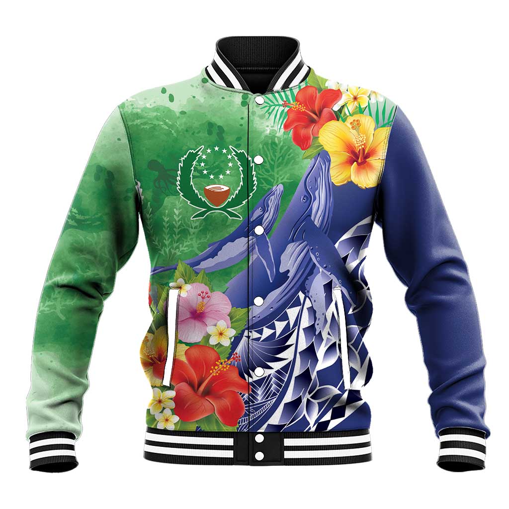 Personalised Pohnpei States Humpback Whale Baseball Jacket Polynesian Tropical Flowers