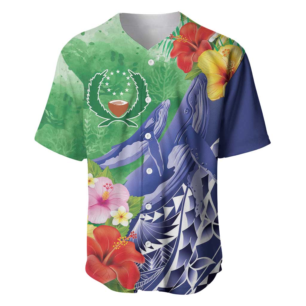 Personalised Pohnpei States Humpback Whale Baseball Jersey Polynesian Tropical Flowers LT9 Blue - Polynesian Pride