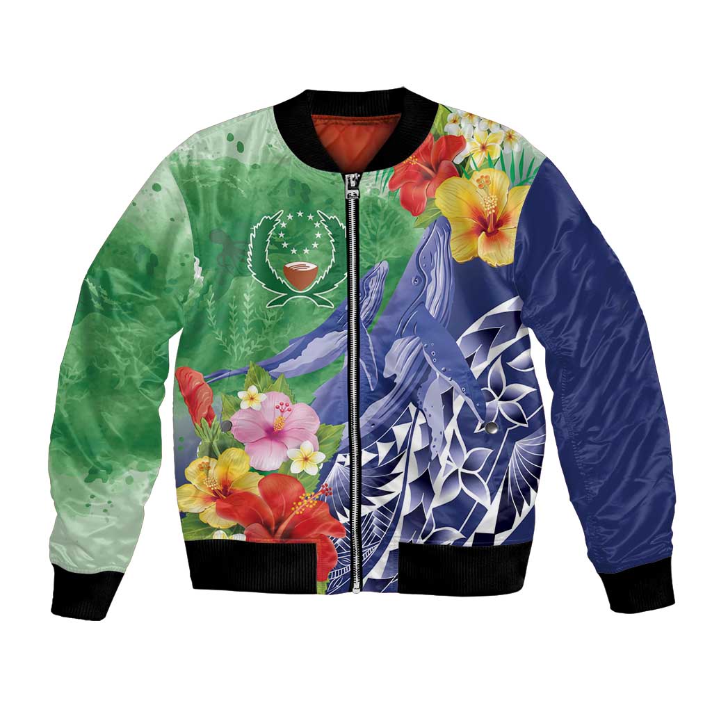 Personalised Pohnpei States Humpback Whale Bomber Jacket Polynesian Tropical Flowers