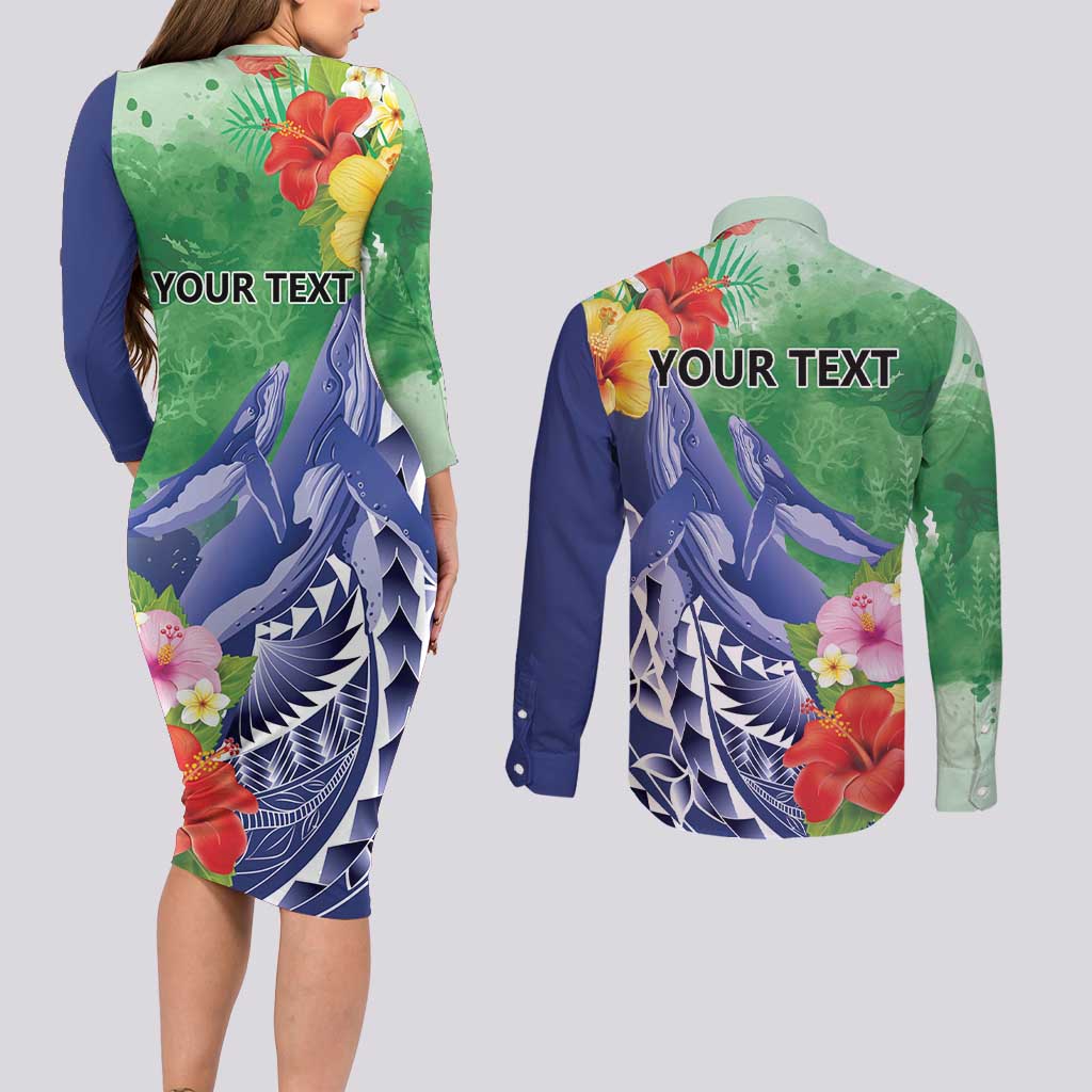 Personalised Pohnpei States Humpback Whale Couples Matching Long Sleeve Bodycon Dress and Long Sleeve Button Shirt Polynesian Tropical Flowers LT9 - Polynesian Pride