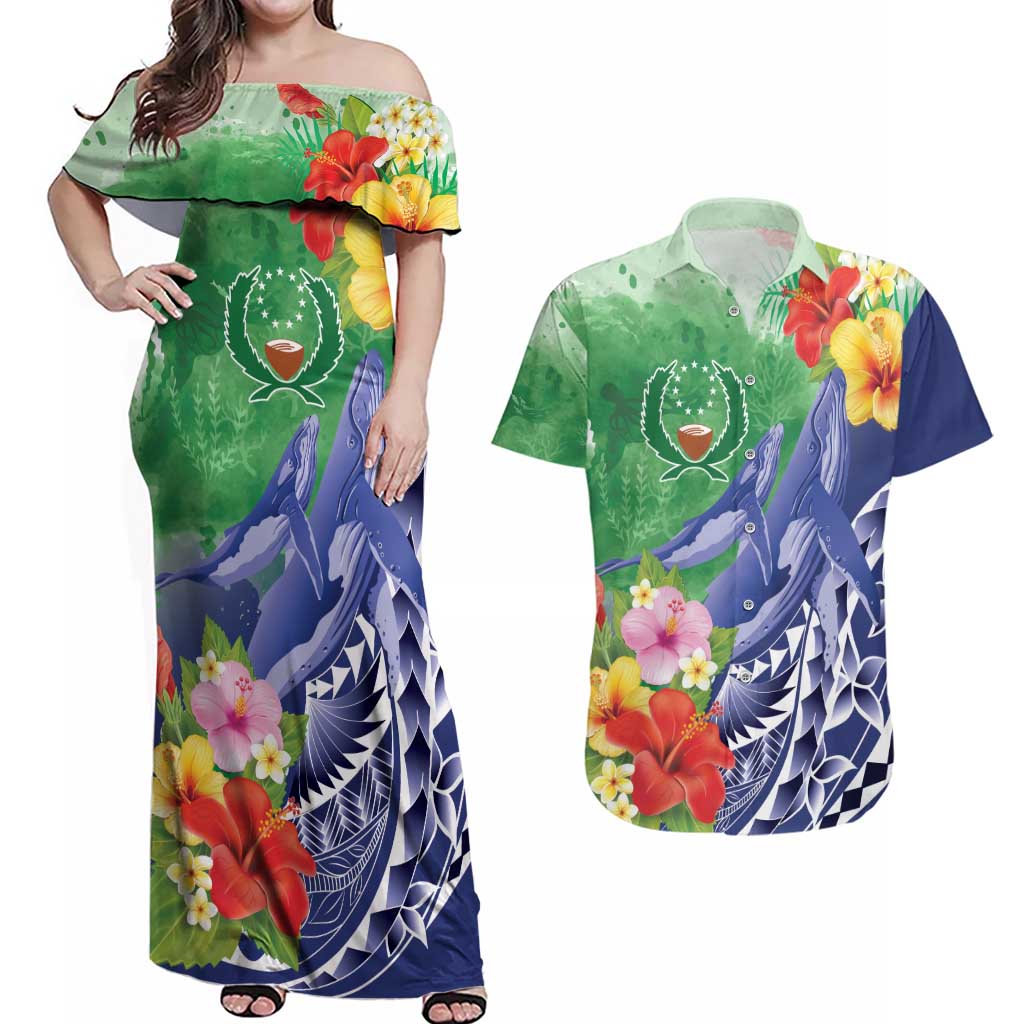 Personalised Pohnpei States Humpback Whale Couples Matching Off Shoulder Maxi Dress and Hawaiian Shirt Polynesian Tropical Flowers LT9 Blue - Polynesian Pride