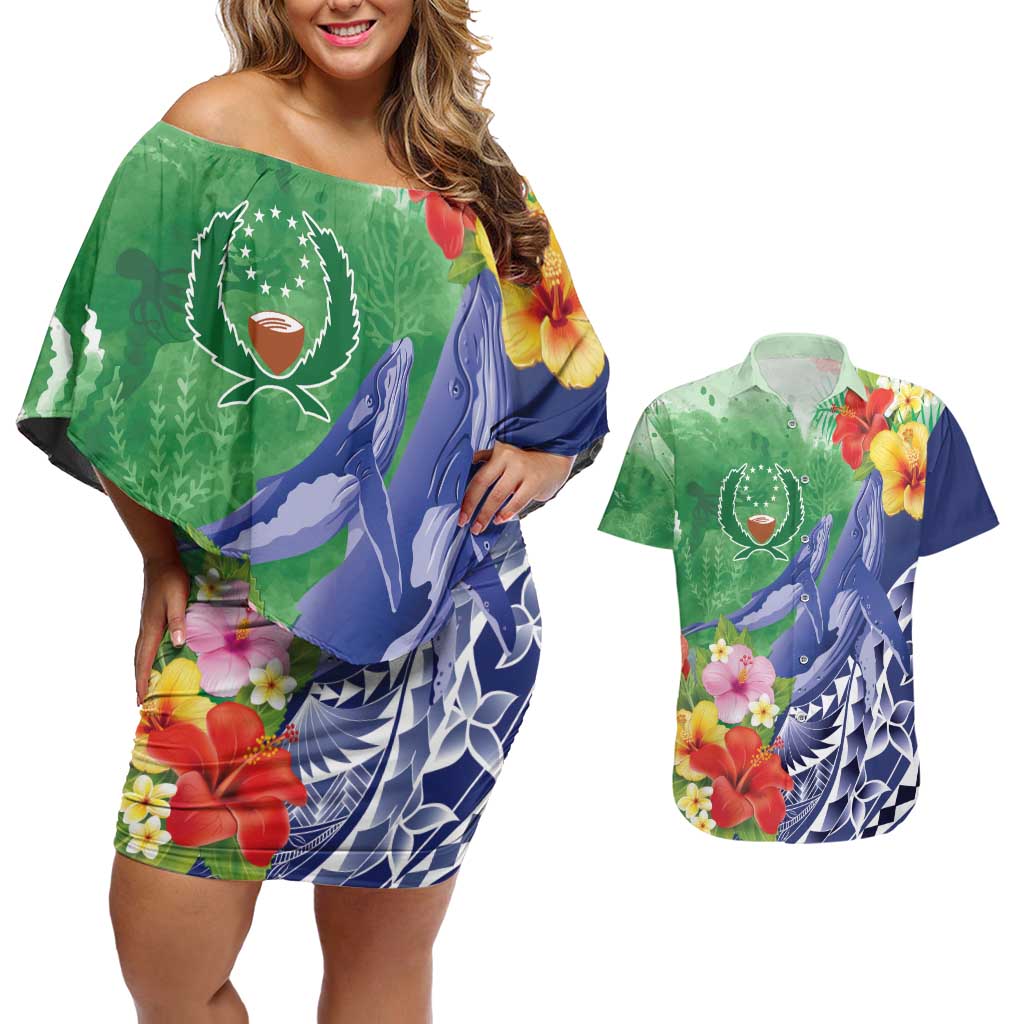 Personalised Pohnpei States Humpback Whale Couples Matching Off Shoulder Short Dress and Hawaiian Shirt Polynesian Tropical Flowers