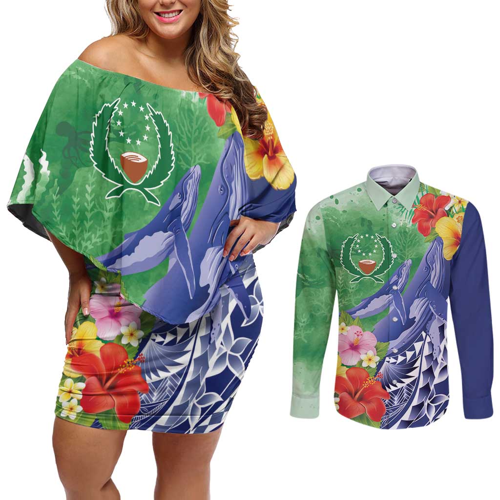 Personalised Pohnpei States Humpback Whale Couples Matching Off Shoulder Short Dress and Long Sleeve Button Shirt Polynesian Tropical Flowers LT9 Blue - Polynesian Pride