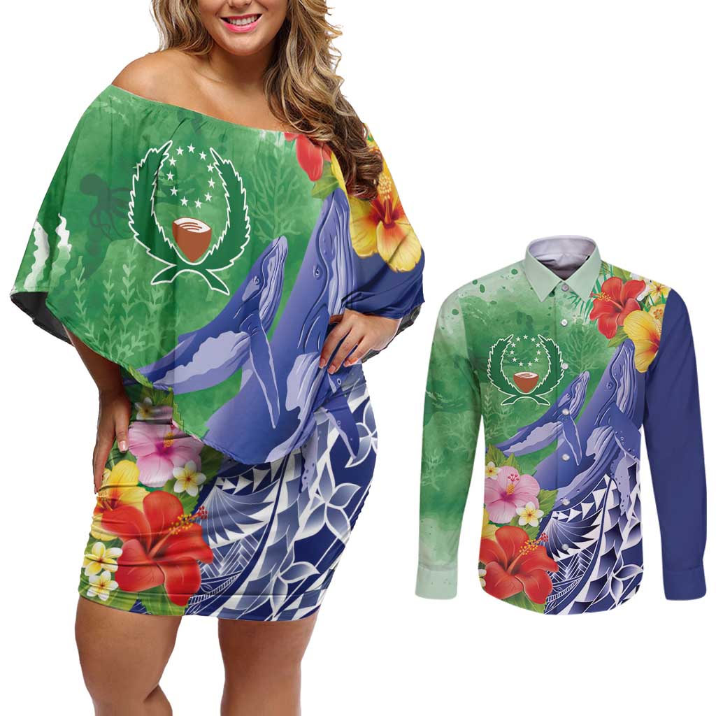 Personalised Pohnpei States Humpback Whale Couples Matching Off Shoulder Short Dress and Long Sleeve Button Shirt Polynesian Tropical Flowers