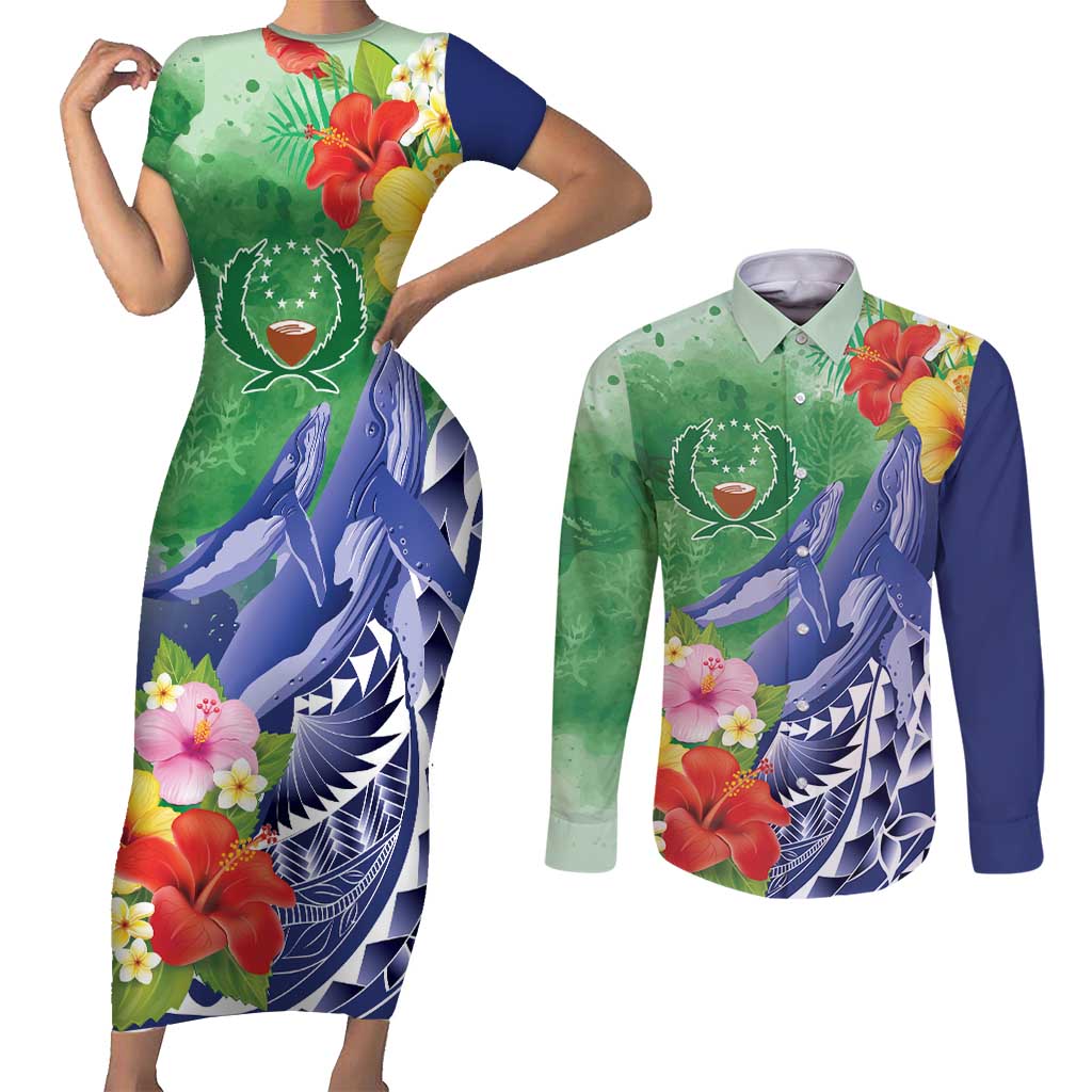 Personalised Pohnpei States Humpback Whale Couples Matching Short Sleeve Bodycon Dress and Long Sleeve Button Shirt Polynesian Tropical Flowers