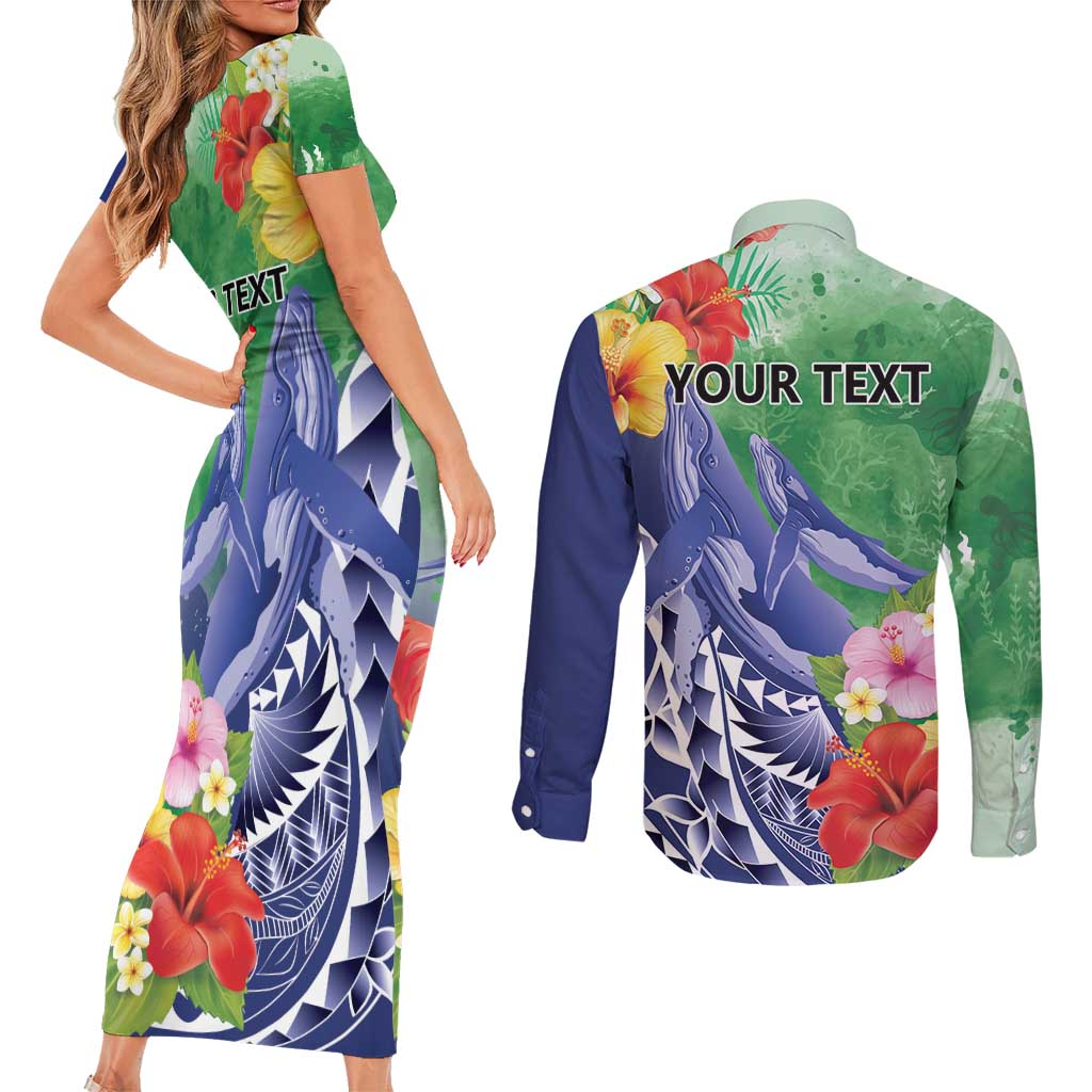 Personalised Pohnpei States Humpback Whale Couples Matching Short Sleeve Bodycon Dress and Long Sleeve Button Shirt Polynesian Tropical Flowers LT9 - Polynesian Pride