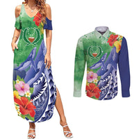 Personalised Pohnpei States Humpback Whale Couples Matching Summer Maxi Dress and Long Sleeve Button Shirt Polynesian Tropical Flowers LT9 Blue - Polynesian Pride