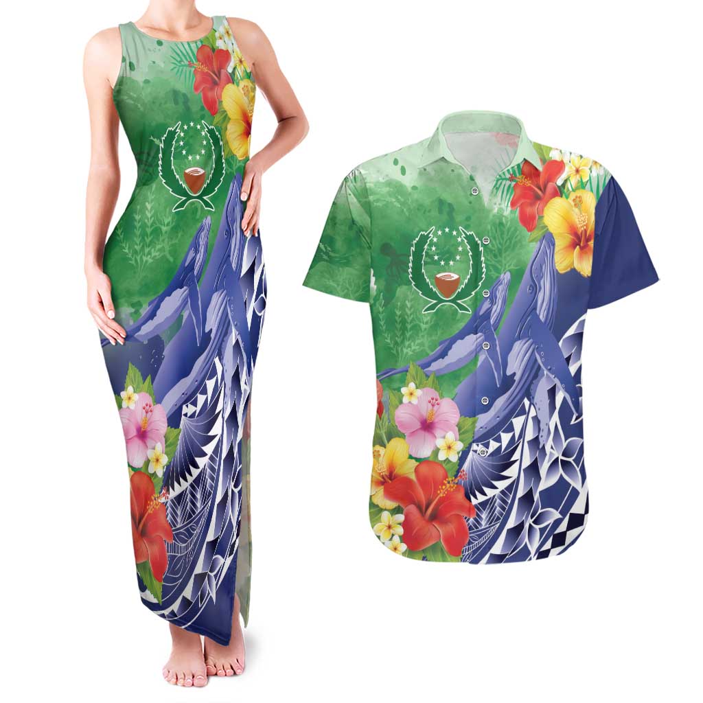 Personalised Pohnpei States Humpback Whale Couples Matching Tank Maxi Dress and Hawaiian Shirt Polynesian Tropical Flowers