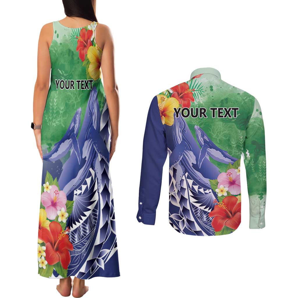 Personalised Pohnpei States Humpback Whale Couples Matching Tank Maxi Dress and Long Sleeve Button Shirt Polynesian Tropical Flowers LT9 - Polynesian Pride