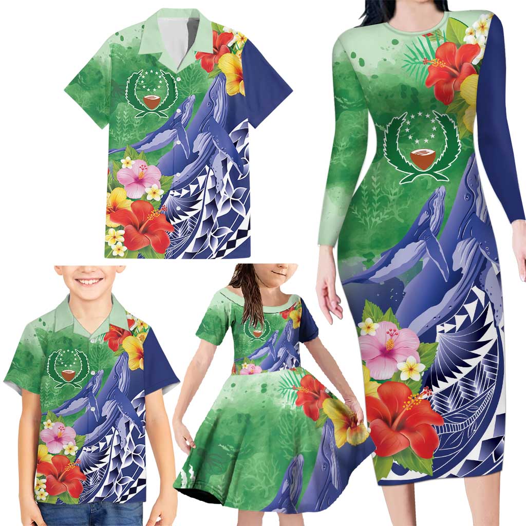 Personalised Pohnpei States Humpback Whale Family Matching Long Sleeve Bodycon Dress and Hawaiian Shirt Polynesian Tropical Flowers LT9 - Polynesian Pride