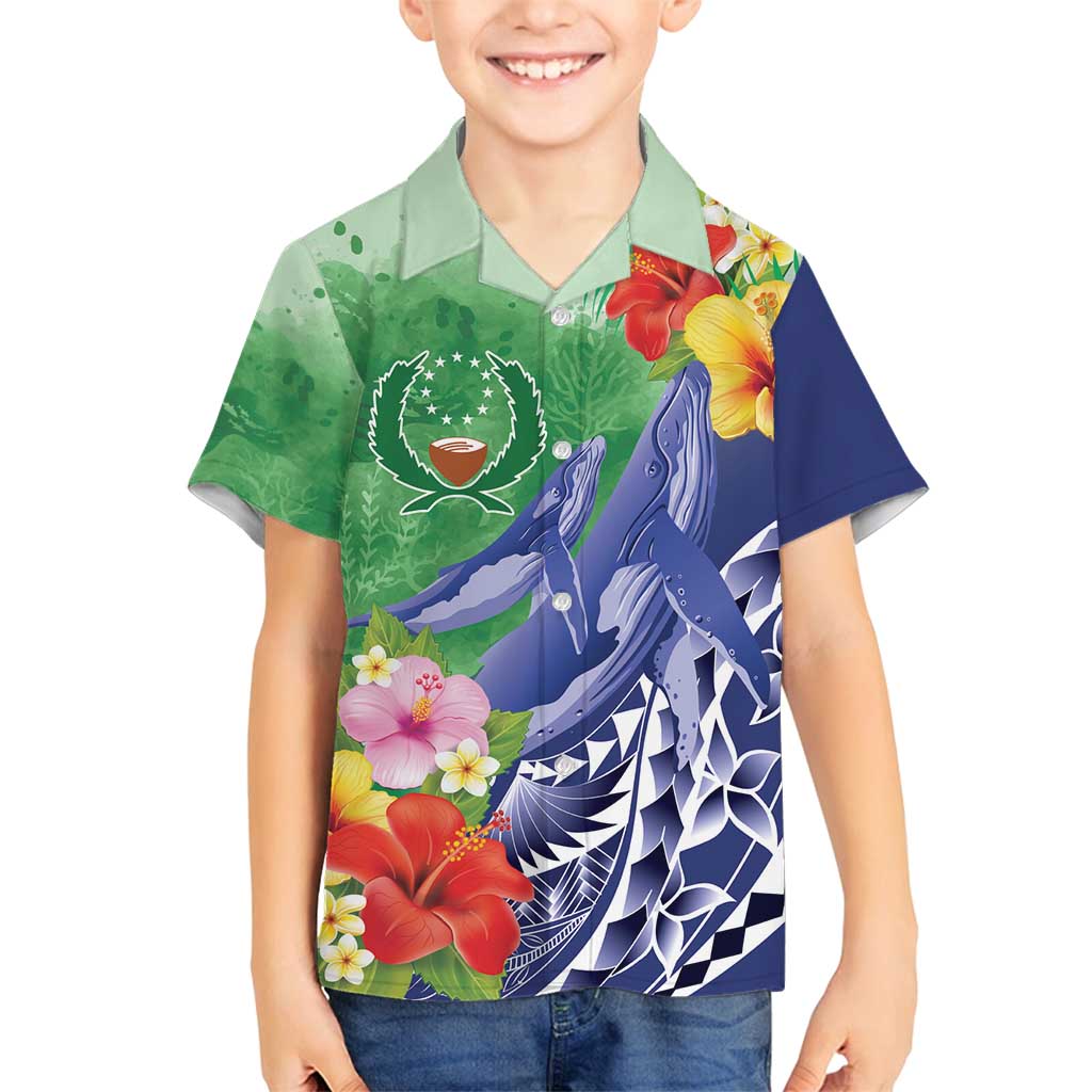 Personalised Pohnpei States Humpback Whale Family Matching Off Shoulder Short Dress and Hawaiian Shirt Polynesian Tropical Flowers
