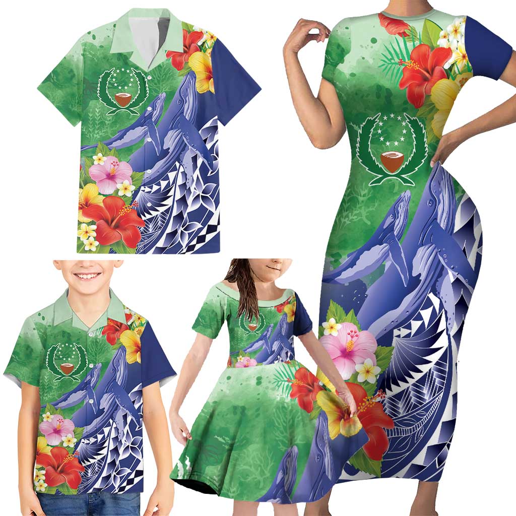 Personalised Pohnpei States Humpback Whale Family Matching Short Sleeve Bodycon Dress and Hawaiian Shirt Polynesian Tropical Flowers LT9 - Polynesian Pride