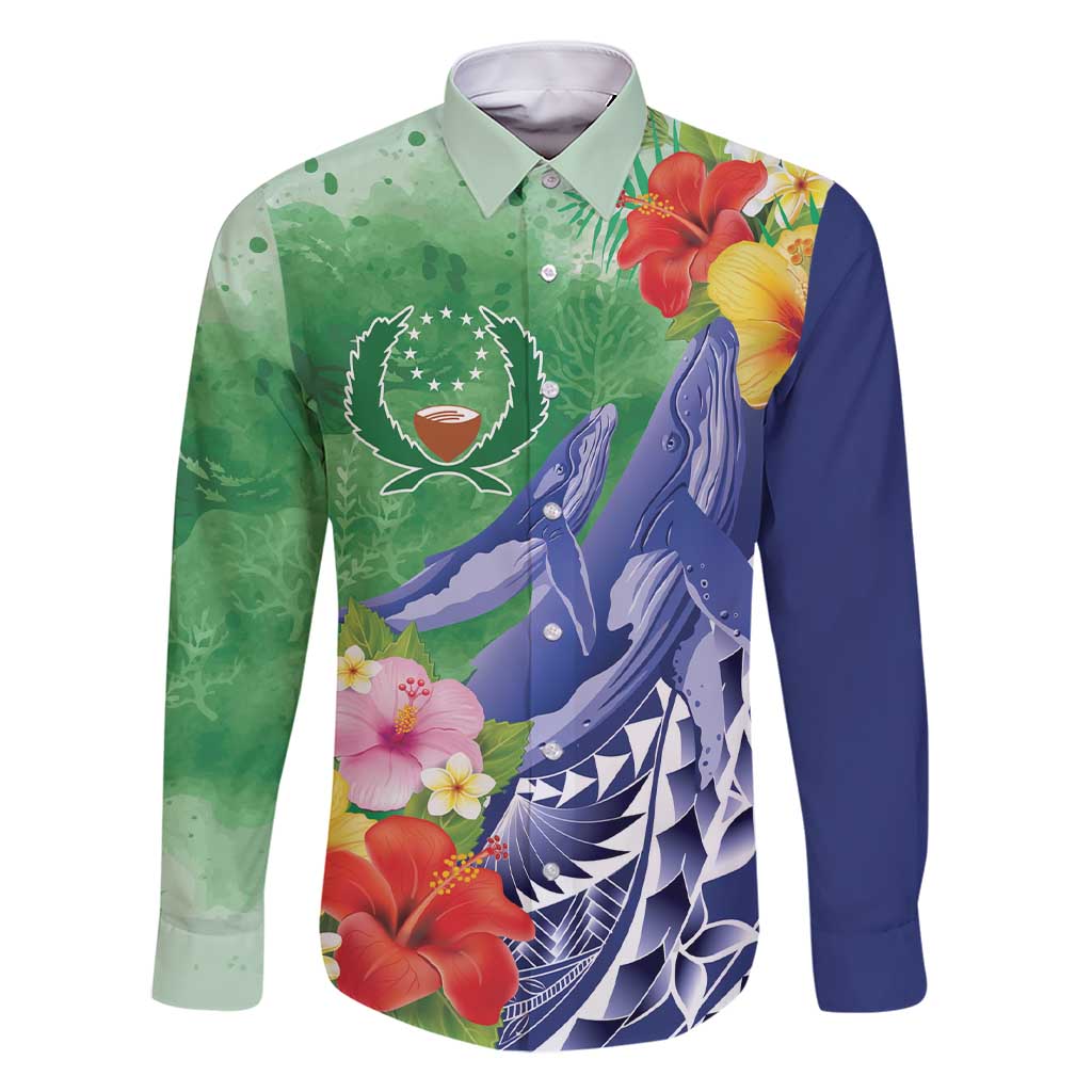 Personalised Pohnpei States Humpback Whale Family Matching Short Sleeve Bodycon Dress and Hawaiian Shirt Polynesian Tropical Flowers LT9 Dad's Shirt - Long Sleeve Blue - Polynesian Pride