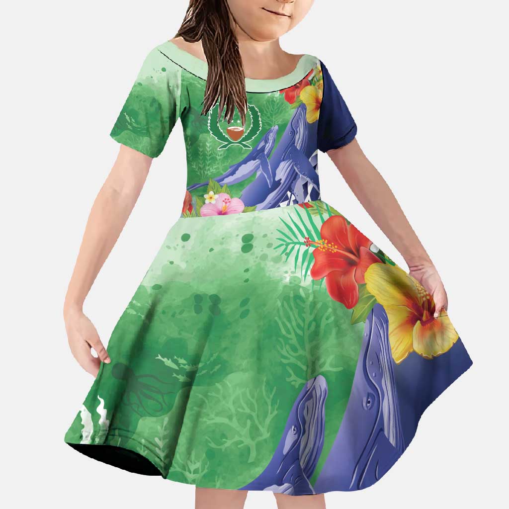 Personalised Pohnpei States Humpback Whale Family Matching Tank Maxi Dress and Hawaiian Shirt Polynesian Tropical Flowers LT9 Daughter's Dress Blue - Polynesian Pride