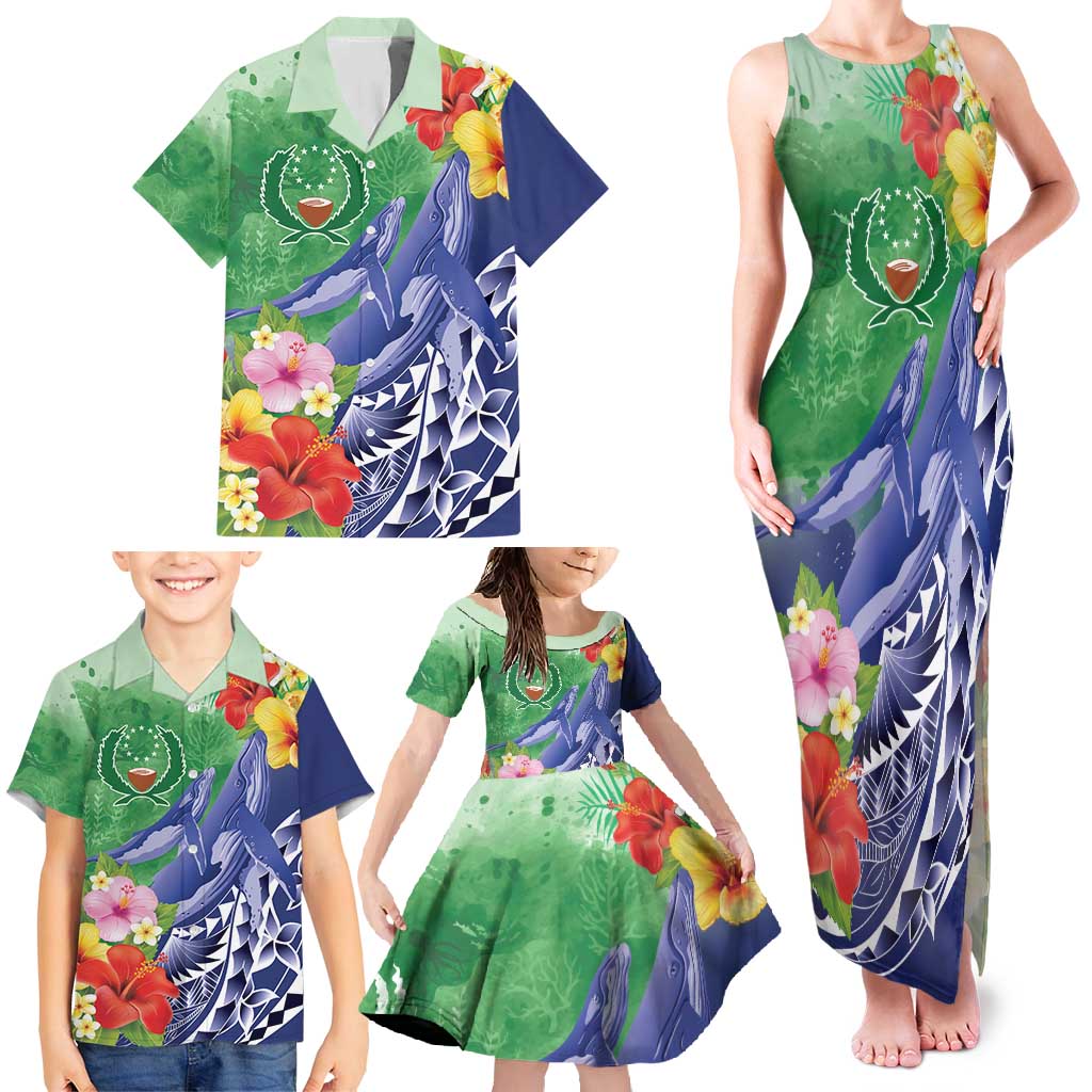 Personalised Pohnpei States Humpback Whale Family Matching Tank Maxi Dress and Hawaiian Shirt Polynesian Tropical Flowers