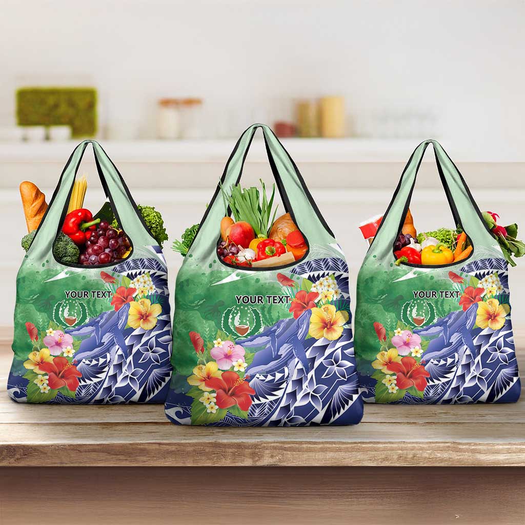 Personalised Pohnpei States Humpback Whale Grocery Bag Polynesian Tropical Flowers LT9 3-pack One Size Blue - Polynesian Pride