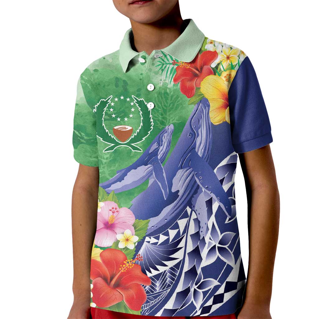 Personalised Pohnpei States Humpback Whale Kid Polo Shirt Polynesian Tropical Flowers