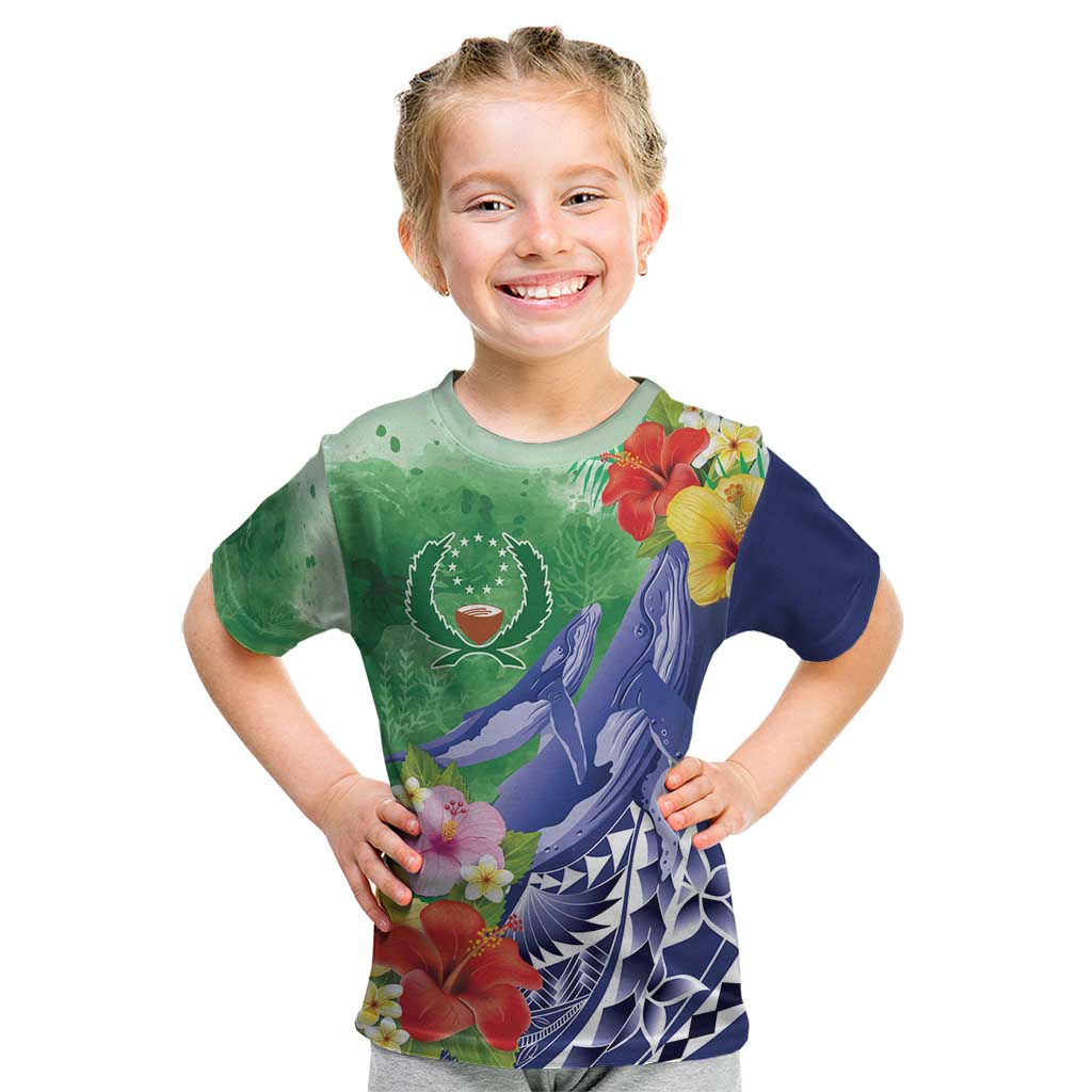 Personalised Pohnpei States Humpback Whale Kid T Shirt Polynesian Tropical Flowers